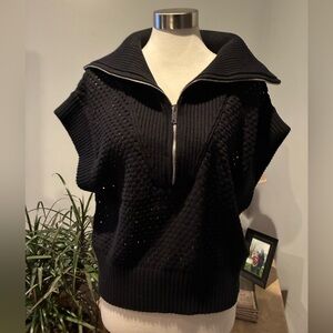 ELAN Women's Black Half Zip Allie Sweater With Big Collar Loose Knit Size M